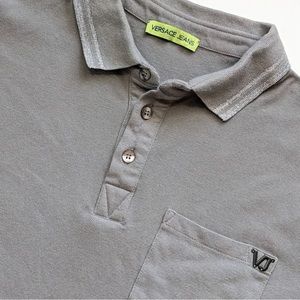 Versace Jeans Light Gray Metallic Striped Collar Polo Shirt Sz Small 100% Cotton